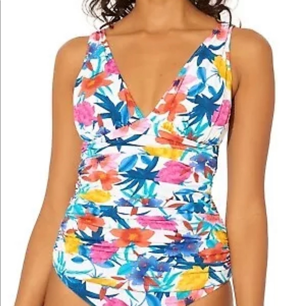 Bleu Rod Beattie White Floral Over The Shoulder Plunge Tankini Swim Top 8 Slim
